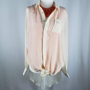 Anthropologie Line & Dot Silk Hi Low Button Down Orange Cream Tunic Blouse M